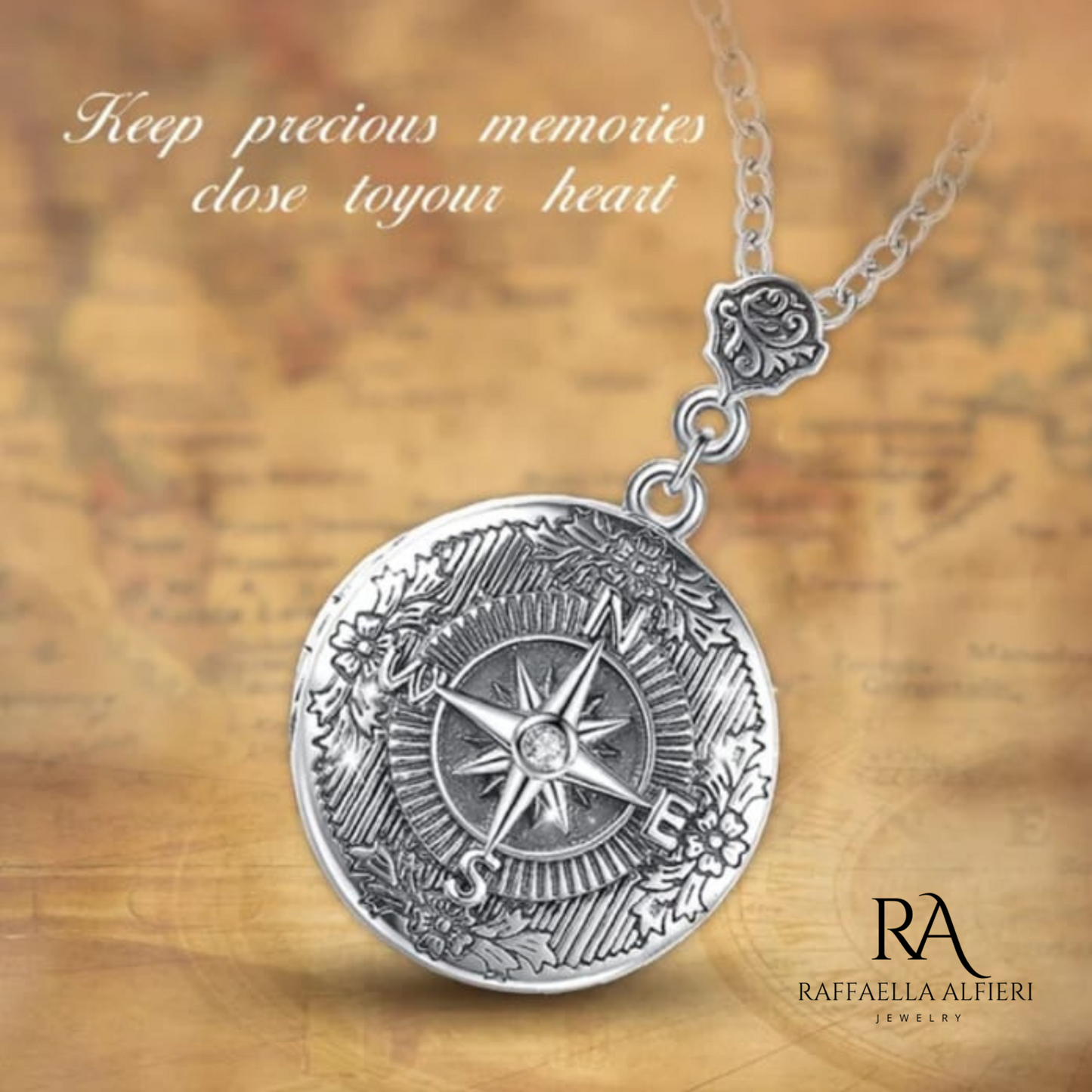 collana con ciondolo in argento 925 anticato portafoto a forma di bussola
