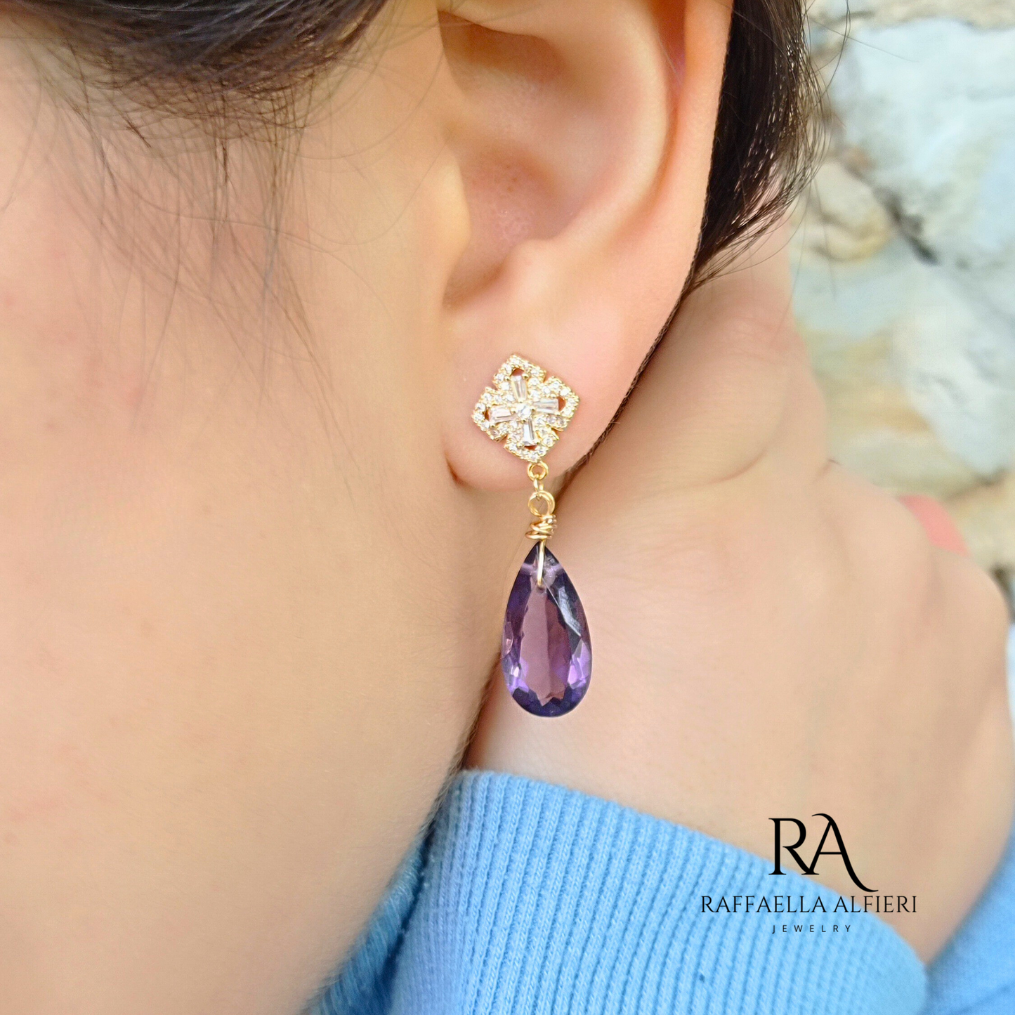 Orecchini Pendenti in Ametista Viola con Perno a Cuore in Rame Placcato Oro 18k