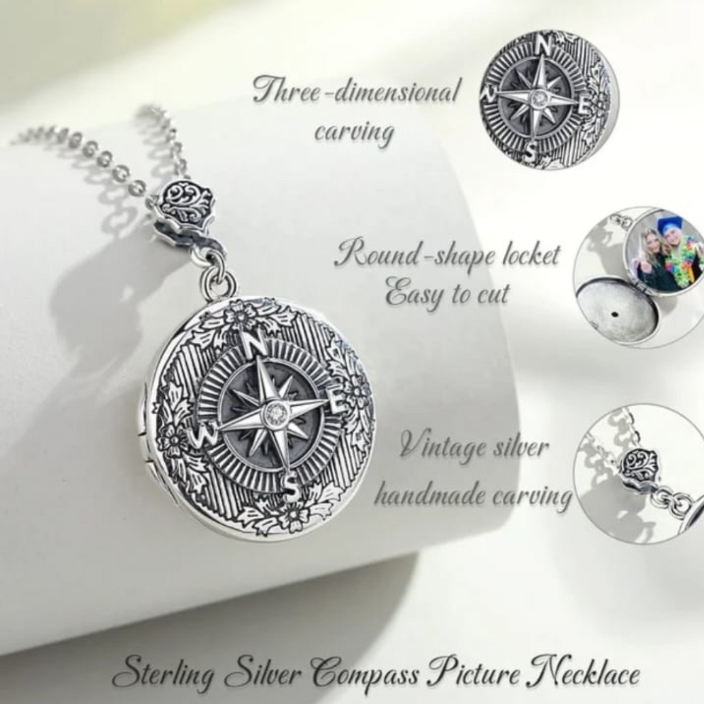 collana con ciondolo in argento 925 anticato portafoto a forma di bussola