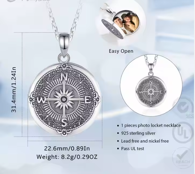 collana con ciondolo in argento 925 anticato portafoto a forma di bussola