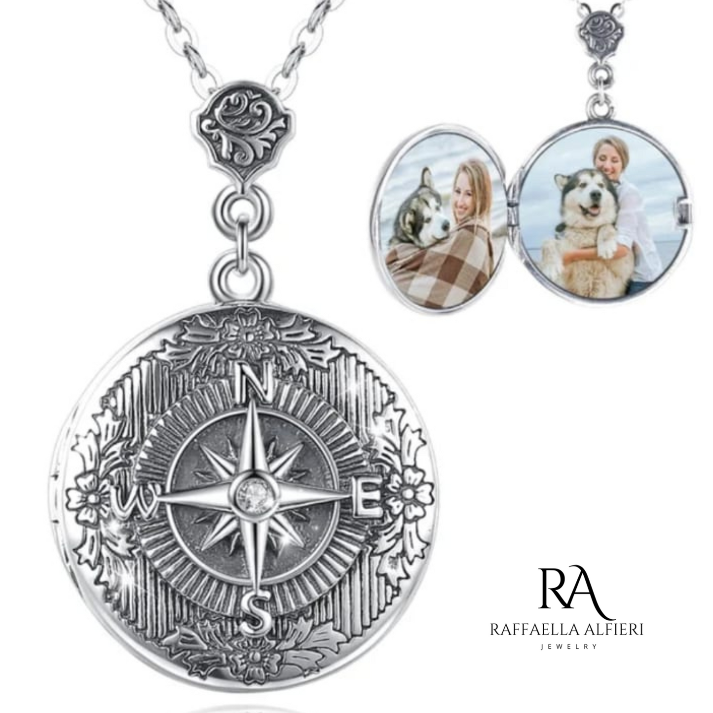 collana con ciondolo in argento 925 anticato portafoto a forma di bussola