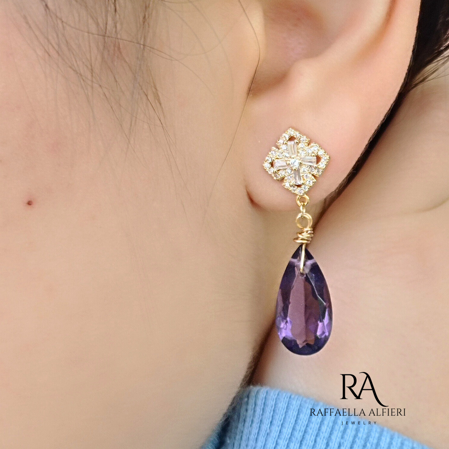 Orecchini Pendenti in Ametista Viola con Perno a Cuore in Rame Placcato Oro 18k