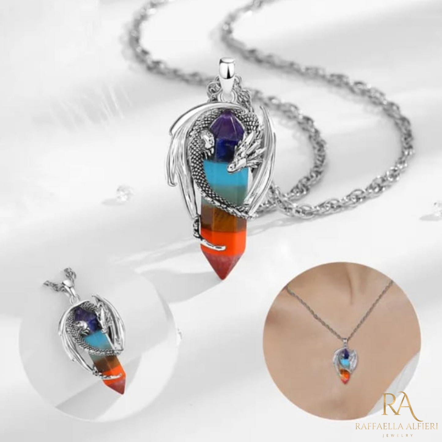 Collana unisex in acciaio con pendente in argento a forma di drago