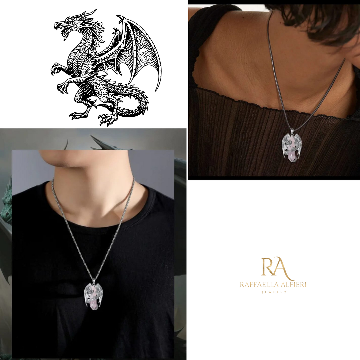 Collana con pendente drago in argento e quarzo rosa