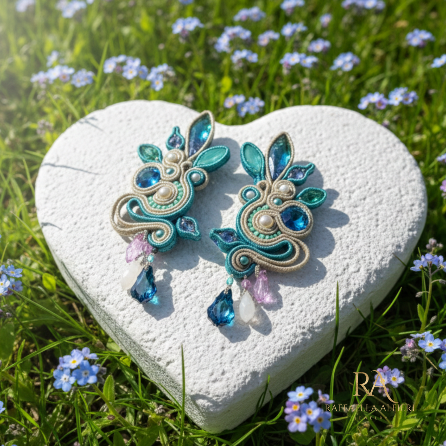 Orecchini grandi e leggeri da cerimonia e da sposa realizzati a soutache con cristalli austriaci di alta qualità e cabochon fatti a mano nei toni del blu, verde e lilla. Gioielli artigianali italiani di alta qualità. Gioielli unii per il tuo diorno speciale ed unico : proprio come te.