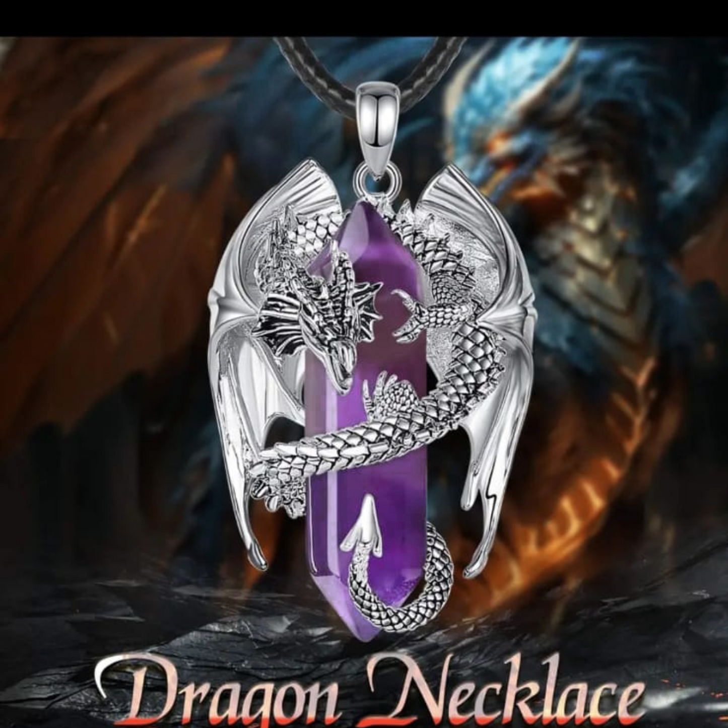 collana in acciaio con drago e ametista