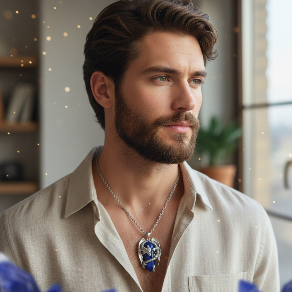 collana unisex in acciaio con ciondolo a forma di drago tra le cui spire stringe un prisma in lapislazzuli naturale.