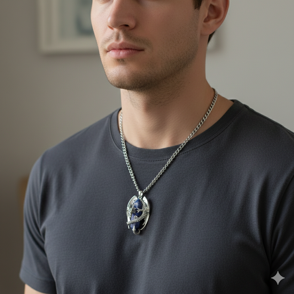 Collana in acciaio con ciondolo 3D a forma di drago in rame placcato argento 925 rodiato e pietra dura sodalite a forma di prisma avvolto dalle spire del drago. Collana da uomo e da donna per seguirti nelle ue avventure senza alterarsi mai!