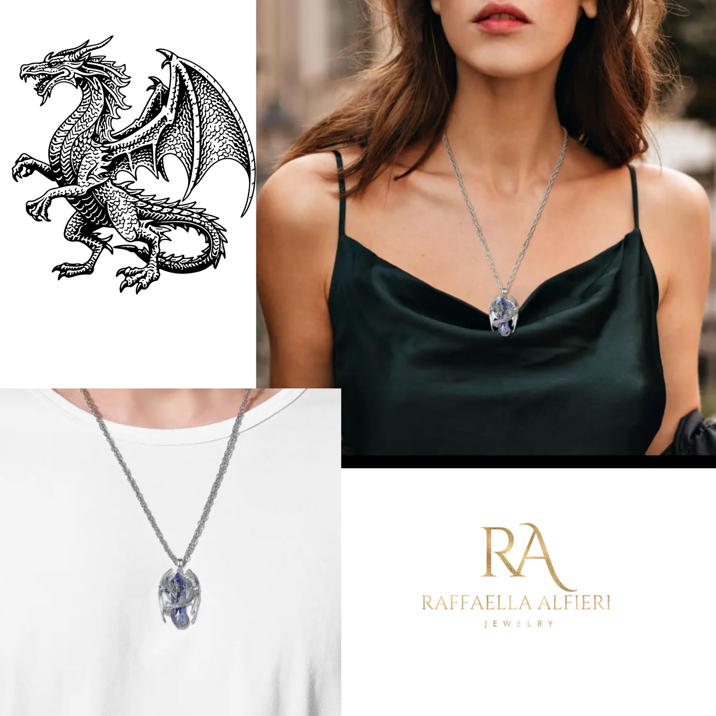 Dragon necklace Crystal sodalite Pendant Dragon the Desolation of Smaug inspired Stainless Chain. Gift Box Available. Mens Dragon Necklace (copia) (copia)