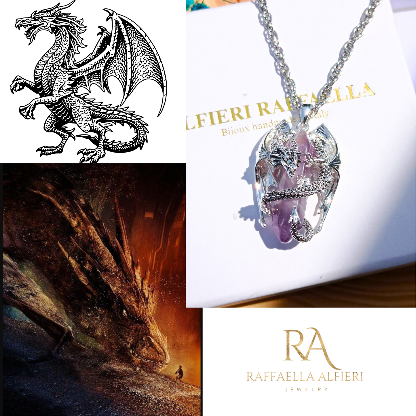 Dragon necklace Crystal amethyst Pendant Dragon the Desolation of Smaug inspired Stainless Chain. Gift Box Available. Mens Dragon Necklace