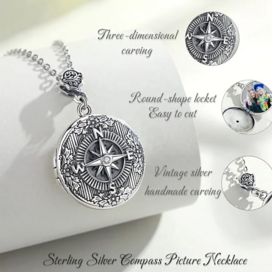 collana con ciondolo in argento 925 anticato portafoto a forma di bussola