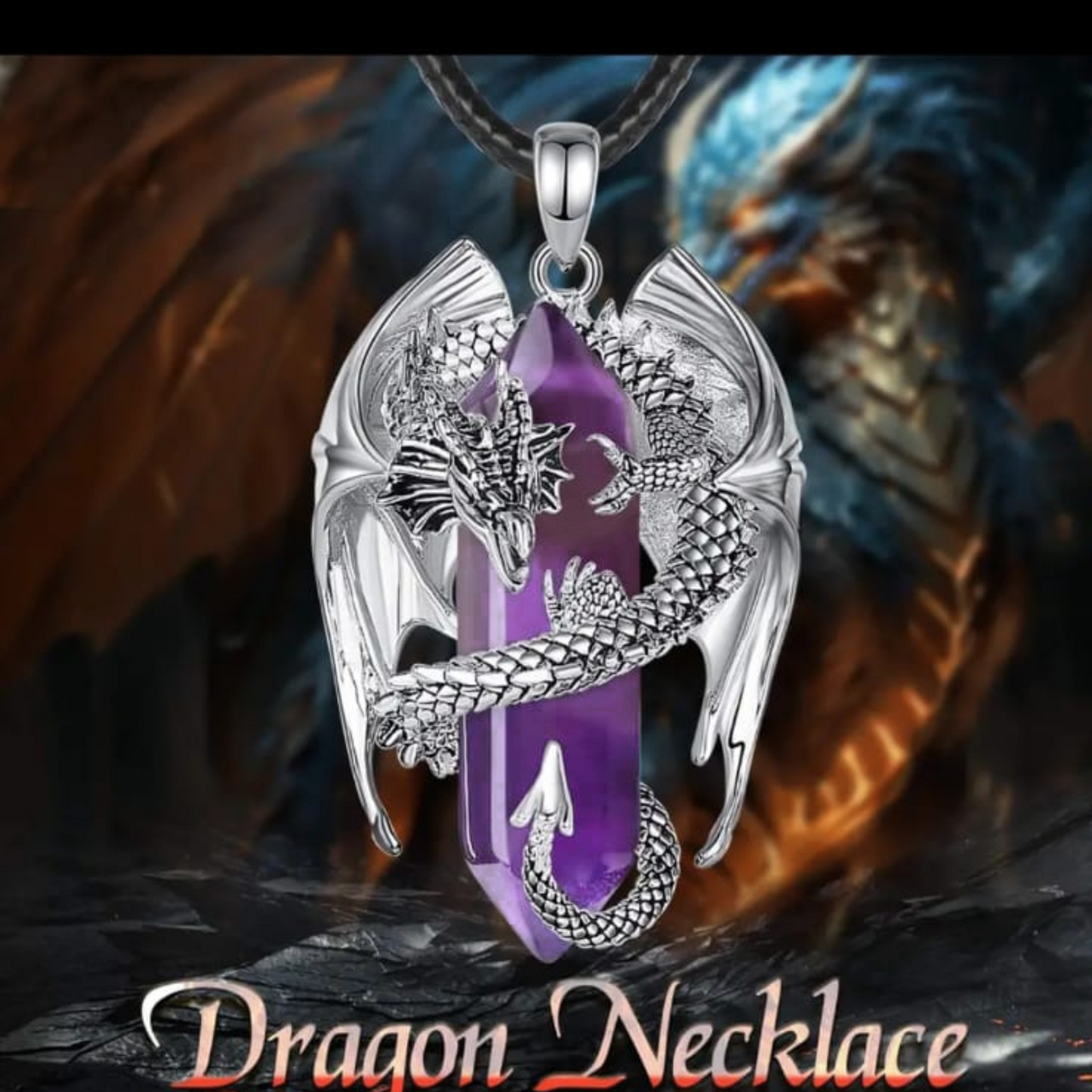 Dragon necklace Crystal amethyst Pendant Dragon the Desolation of Smaug inspired Stainless Chain. Gift Box Available. Mens Dragon Necklace