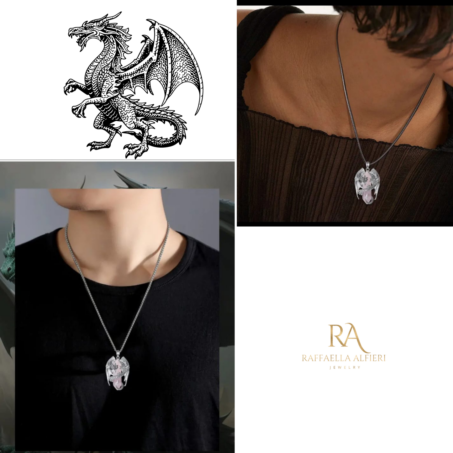 Dragon necklace Crystalrose quarz Pendant Dragon the Desolation of Smaug inspired Stainless Chain. Gift Box Available. Mens Dragon Necklace (copia)