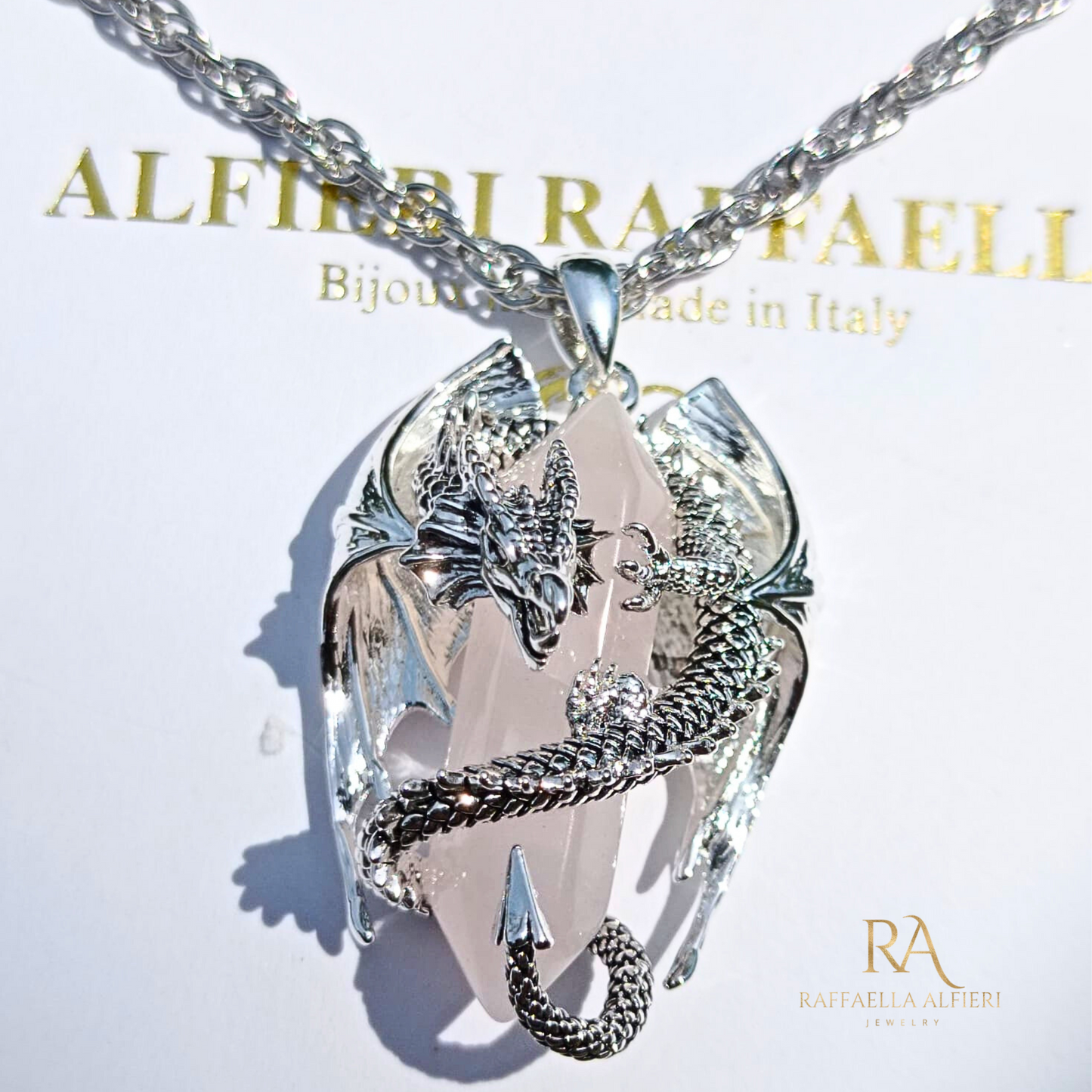 Dragon necklace Crystalrose quarz Pendant Dragon the Desolation of Smaug inspired Stainless Chain. Gift Box Available. Mens Dragon Necklace (copia)