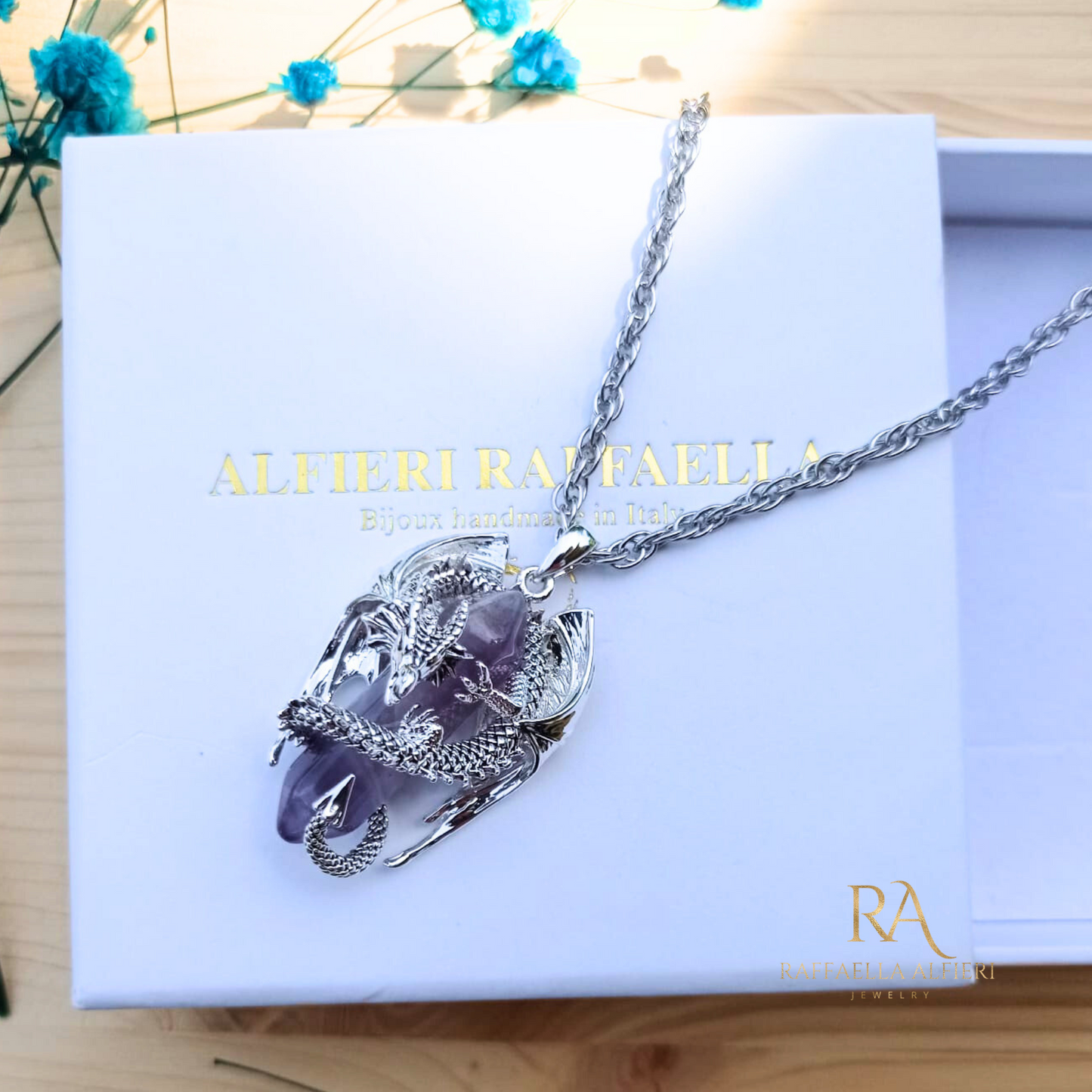 Dragon necklace Crystal amethyst Pendant Dragon the Desolation of Smaug inspired Stainless Chain. Gift Box Available. Mens Dragon Necklace