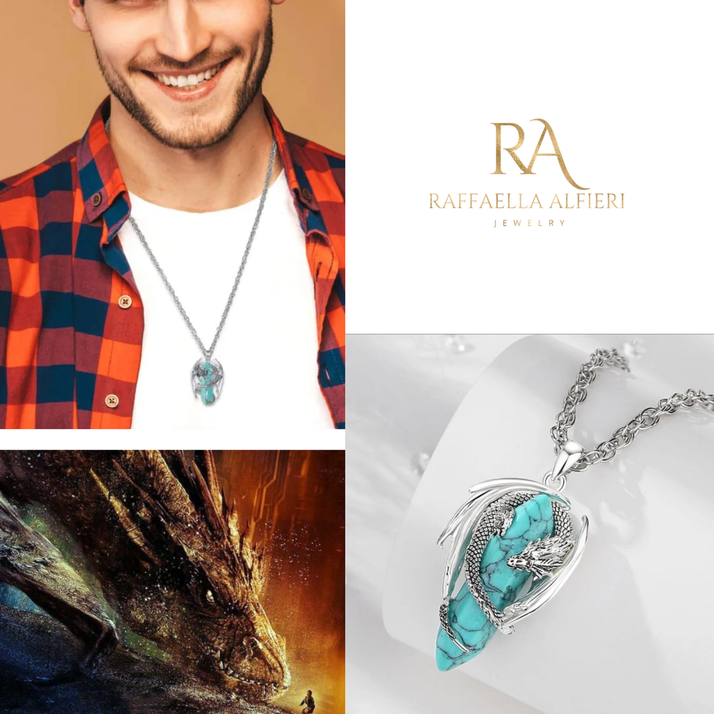 Dragon necklace Crystal turquoise Pendant Dragon the Desolation of Smaug inspired Stainless Chain. Gift Box Available. Mens Dragon Necklace.