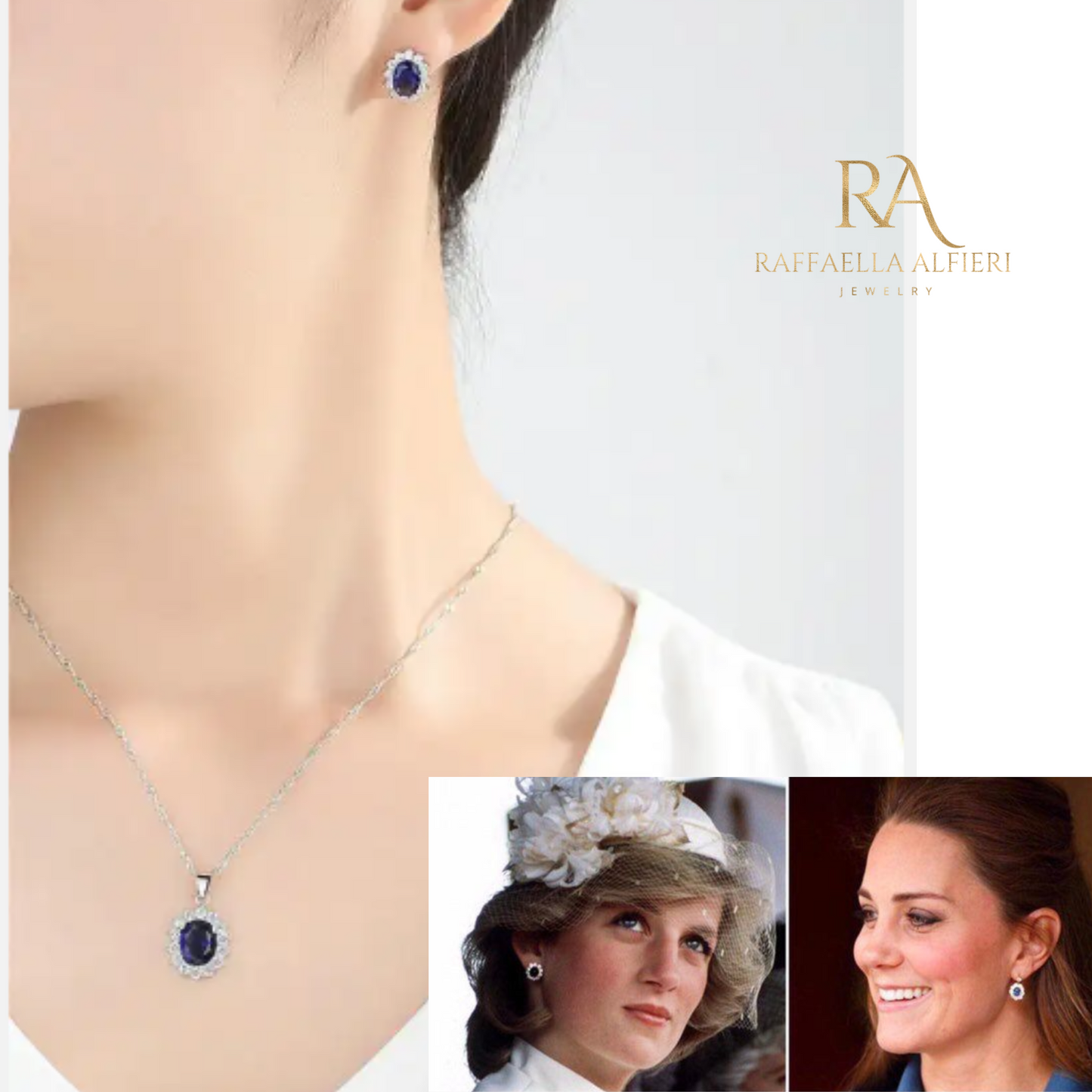 Kate Middleton and princess Diana earrings Silver 925 plated jewelry set. Sapphire earrings with zircon ispired to the Royal Crown jewelry.