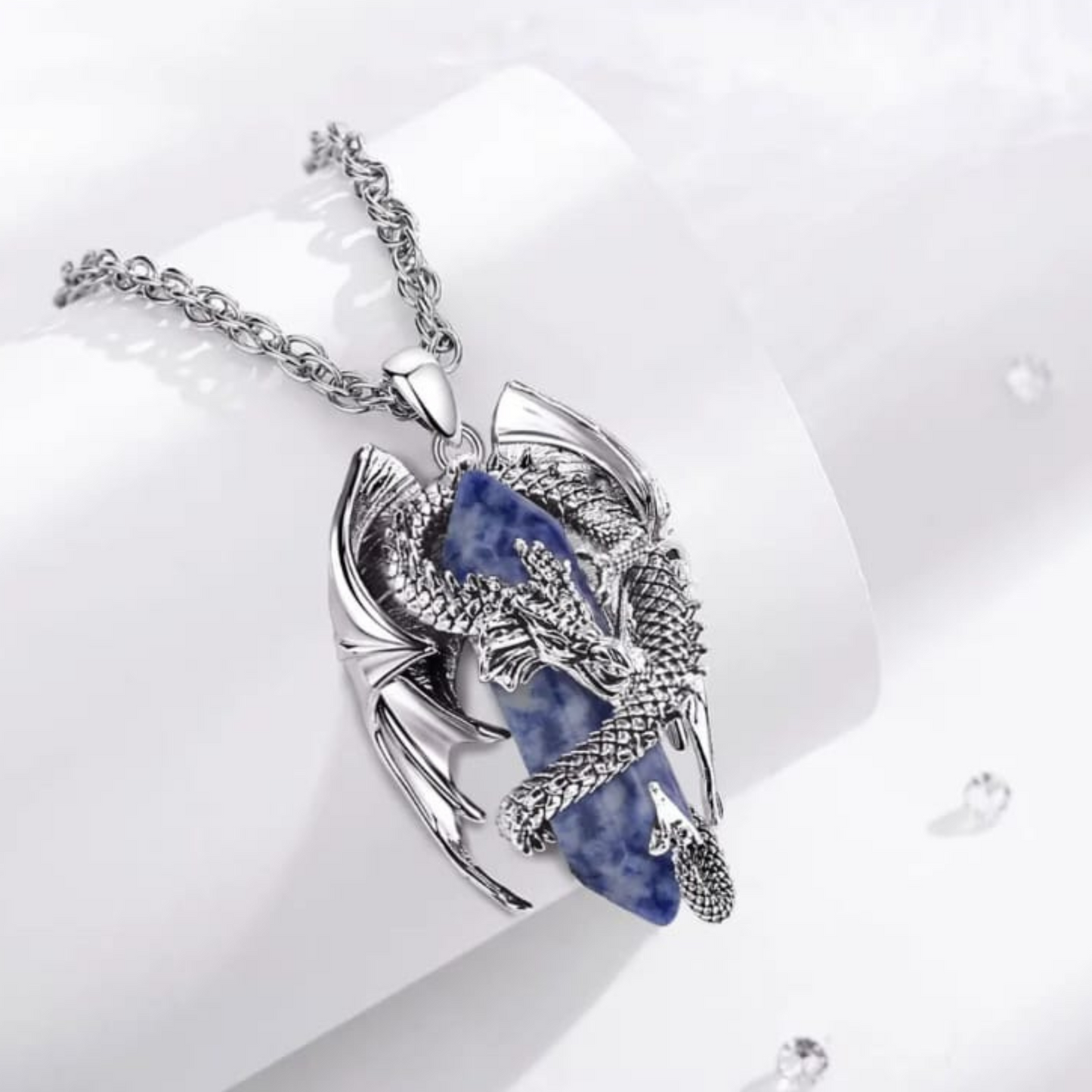 Dragon necklace Crystal sodalite Pendant Dragon the Desolation of Smaug inspired Stainless Chain. Gift Box Available. Mens Dragon Necklace (copia) (copia)