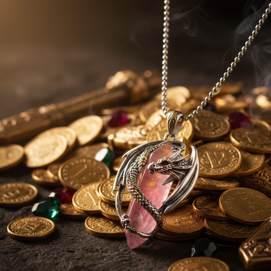 Collana con ciondolo a forma di drago che avvolge u prisma di quazo rosa. La collana misura 45 cm ed è in acciaio, mentre il ciondolo è in rame placcato argento rodiato per garantirne durata e resistenza nel tempo.