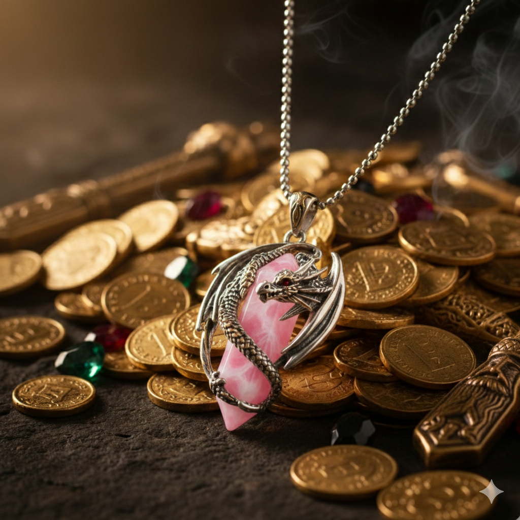 Collana unisex in acciaio con pendente a forma di drago 3D che avvolge con le sue spire un prisma di rodocrosite naturale.