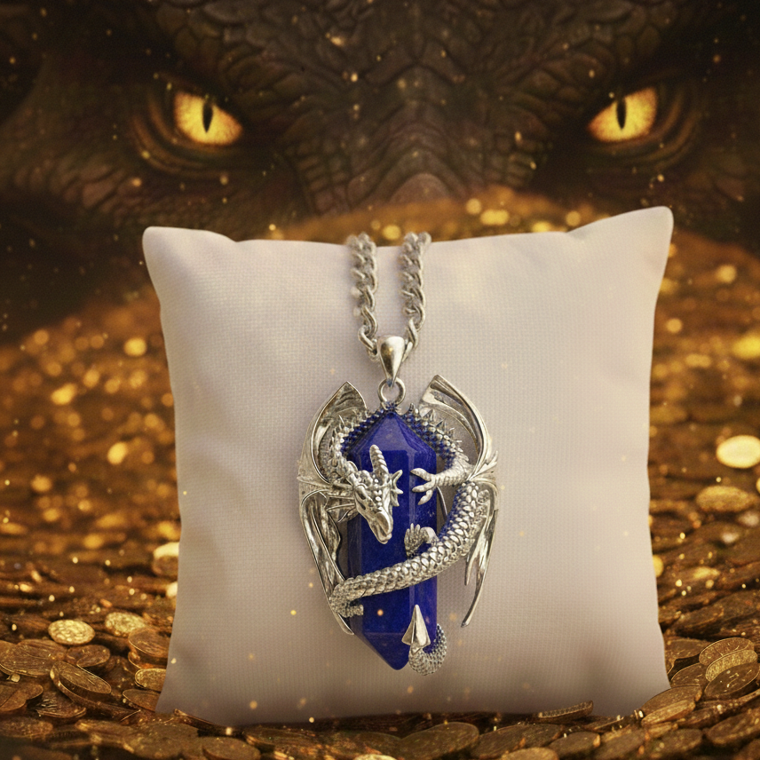 collana unisex in acciaio con ciondolo a forma di drago tra le cui spire stringe un prisma in lapislazzuli naturale. 