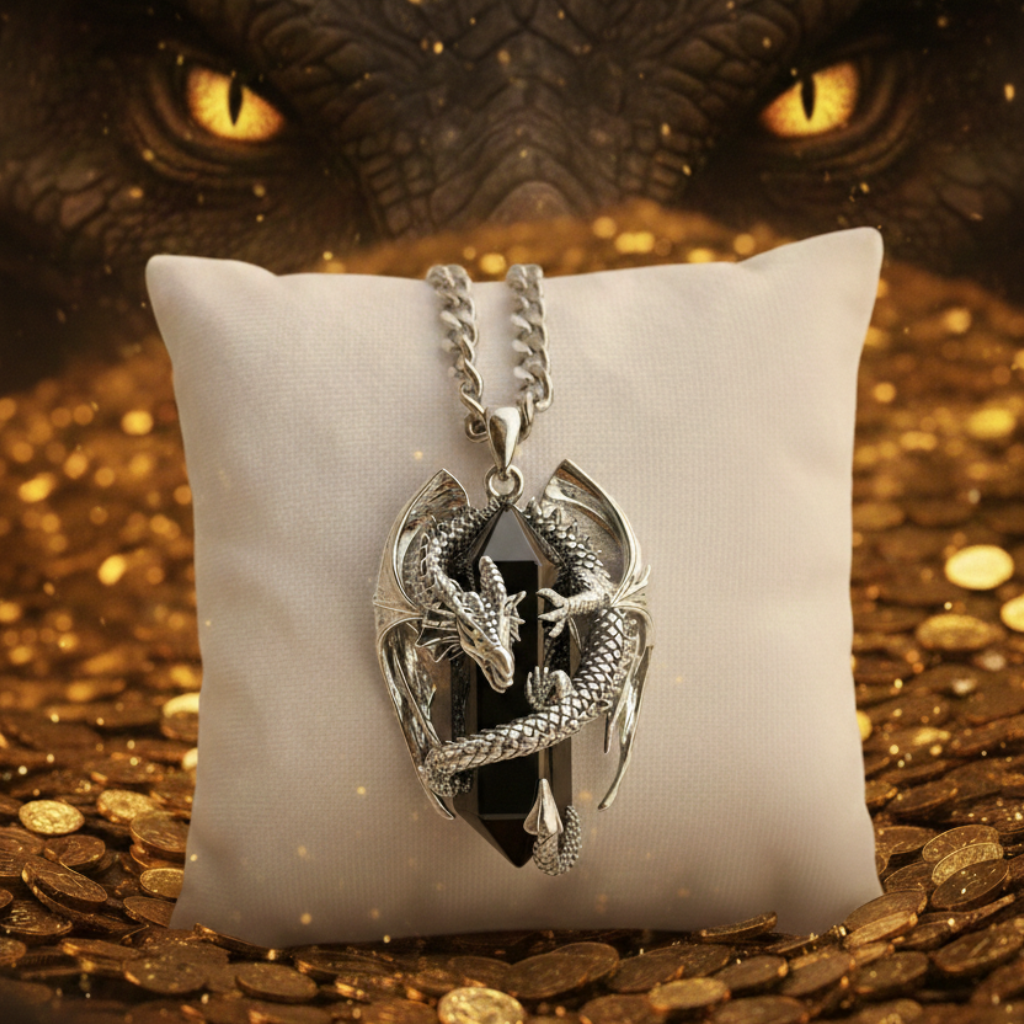 Collana in acciaio unisex con ciondolo a forma di drago 3D e prisma in onice.