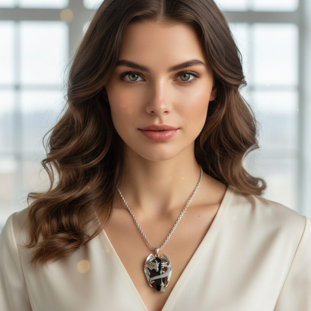 collana unisex in acciaio con pendente a forma di drago che con le sue spire avvolge un prisma in onice nero. Indossato da una modella.