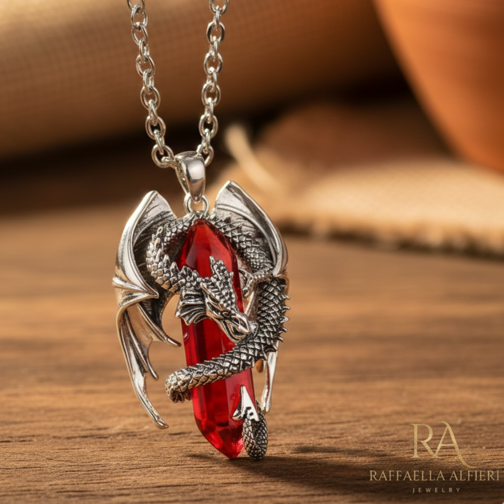 Collana in acciaio unisex con ciondolo  placcato argento 925 rodiato a forma di drago con cristallo rosso trasparente. Collana da uomo e da donna fantasy ispirata a  House of the Dragon