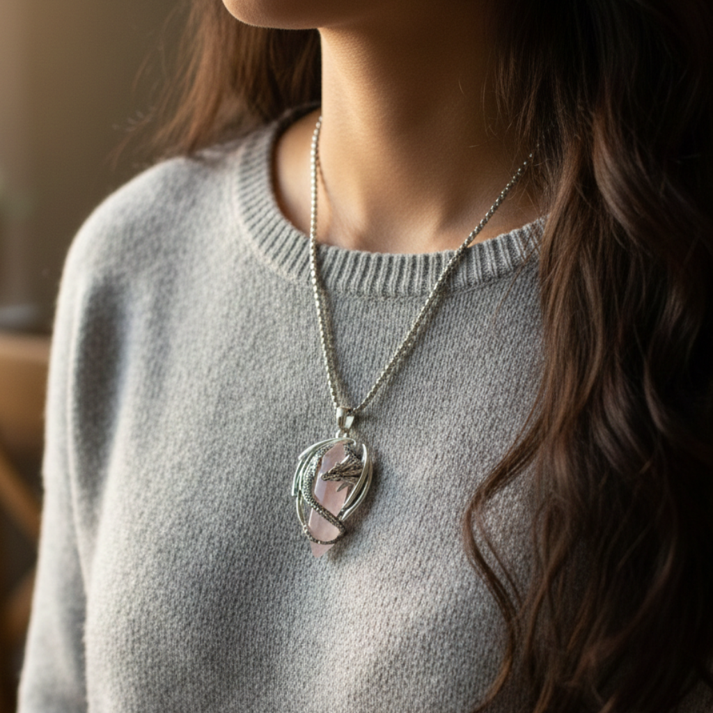 Collana con ciondolo a forma di drago che avvolge u prisma di quazo rosa. La collana misura 45 cm ed è in acciaio, mentre il ciondolo è in rame placcato argento rodiato per garantirne durata e resistenza nel tempo.