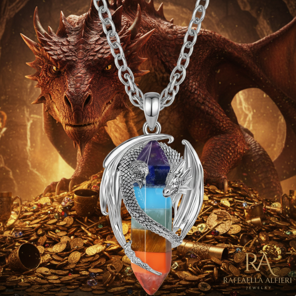 collana unisex on acciaio con ciondolo a forma di drago e prisma in pietra dura multicolore.
