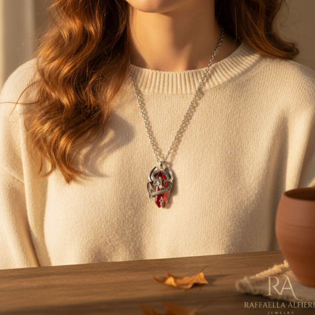 Collana in acciaio unisex con ciondolo  placcato argento 925 rodiato a forma di drago con cristallo rosso trasparente. Collana da uomo e da donna fantasy ispirata a Smaug de Lo Hobbit.