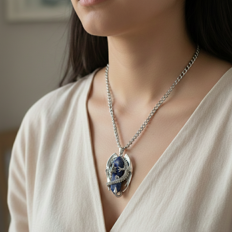 Collana in acciaio con ciondolo 3D a forma di drago in rame placcato argento 925 rodiato e pietra dura sodalite a forma di prisma avvolto dalle spire del drago. Collana da uomo e da donna per seguirti nelle ue avventure senza alterarsi mai!