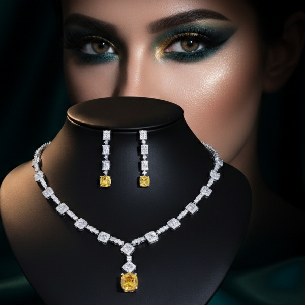 Replica collana Howard Lady Gaga. Parure collana di diamanti sitetici giallo e trasparente con orecchini pendenti con zirconia cubica AAA+ taglio quadrato