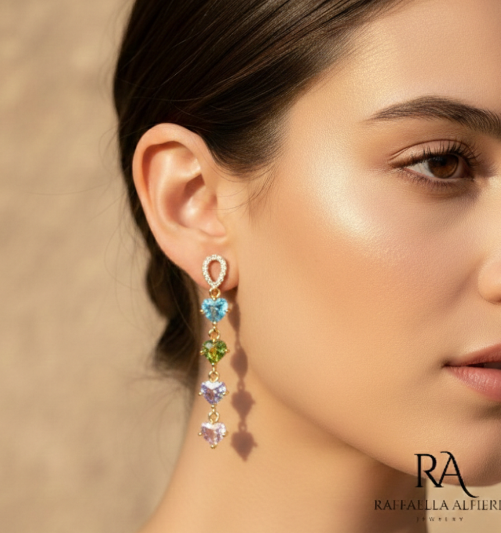 orecchini pendenti eleganti con diamanti sintetici a forma di cuore nero e cristallo con ganci personalizzabili placcai oro 18K.