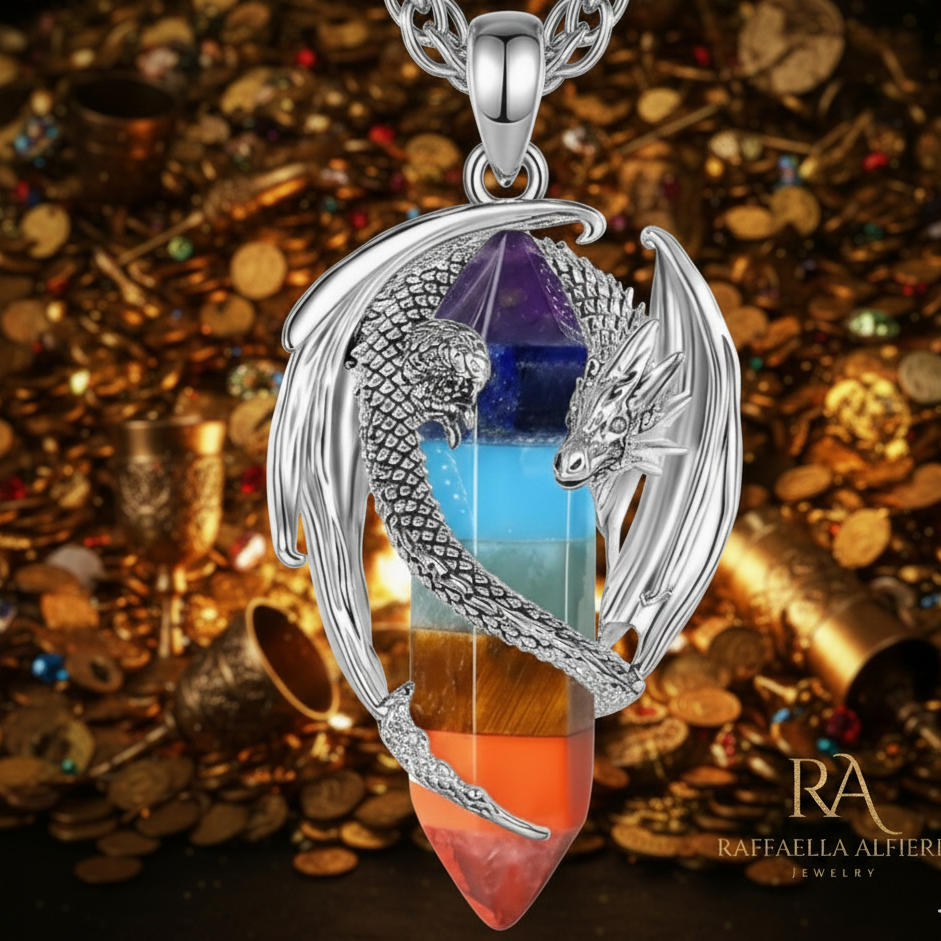 collana unisex on acciaio con ciondolo a forma di drago e prisma in pietra dura multicolore.