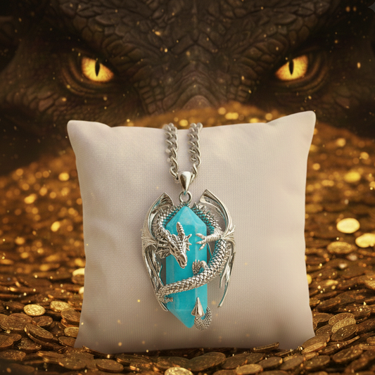 Collana unisex in acciaio con pendente a forma di drago 3D e prisma in turchese naturale