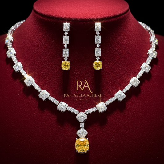 Replica collana Howard Lady Gaga. Parure collana di diamanti sitetici giallo e trasparente con orecchini pendenti con zirconia cubica AAA+ taglio quadrato