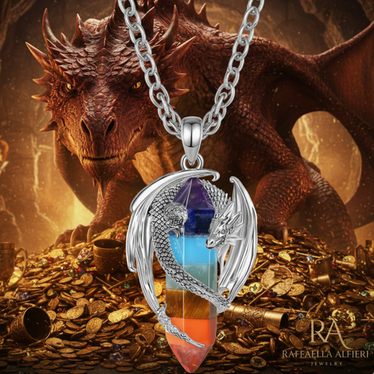 collana unisex on acciaio con ciondolo a forma di drago e prisma in pietra dura multicolore.