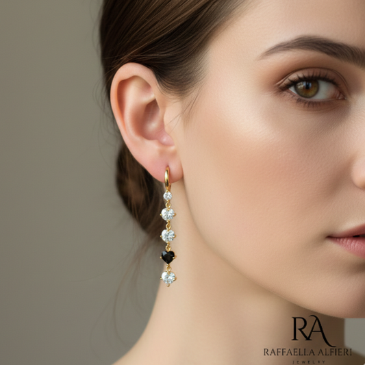 orecchini pendenti eleganti con diamanti sintetici a forma di cuore nero e cristallo con ganci personalizzabili placcai oro 18K.