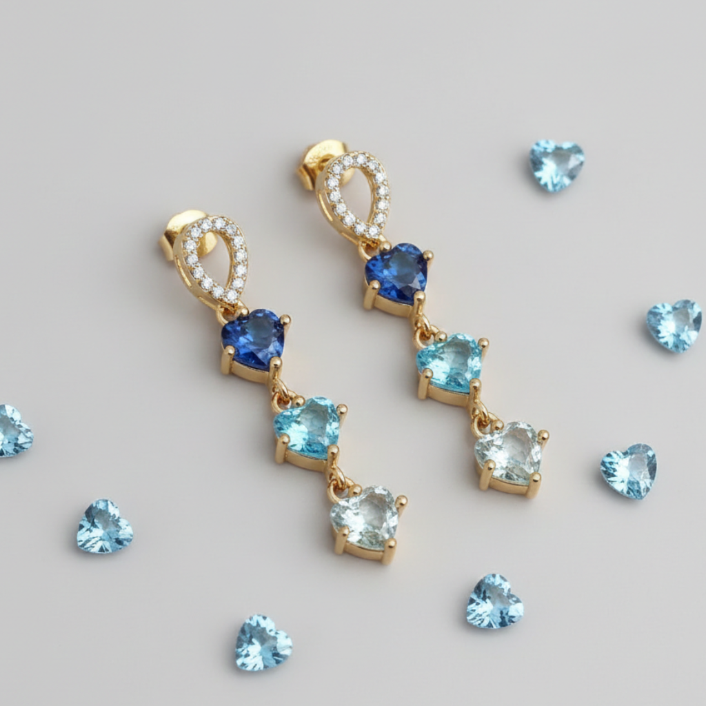 Orecchini pendenti con tre cuori in diamanti sintetici zircpne AAA+ nelle tonalità dell'azzurro ispirati all'anime Sailor Moon
