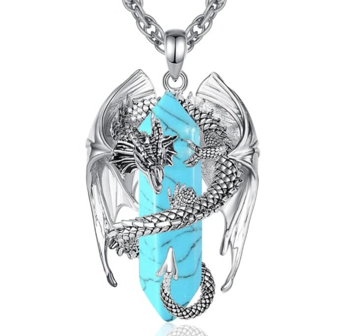 Dragon necklace Crystal turquoise Pendant Dragon the Desolation of Smaug inspired Stainless Chain. Gift Box Available. Mens Dragon Necklace.