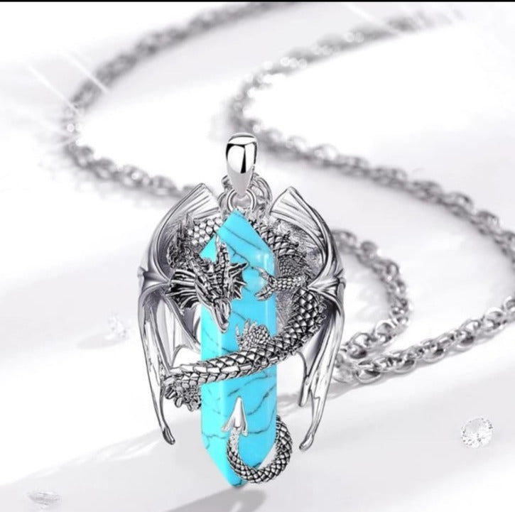 Dragon necklace Crystal turquoise Pendant Dragon the Desolation of Smaug inspired Stainless Chain. Gift Box Available. Mens Dragon Necklace.