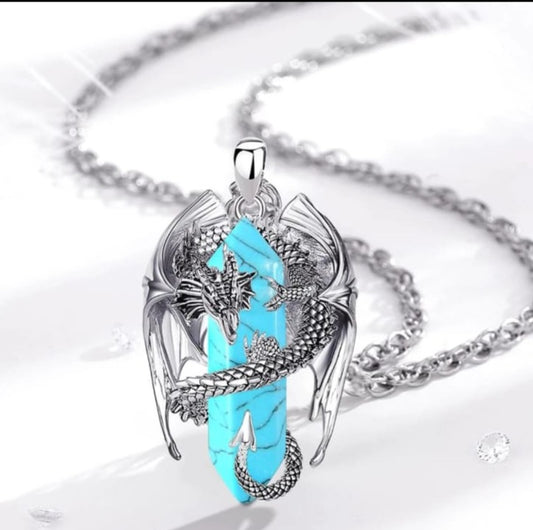 Dragon necklace Crystal turquoise Pendant Dragon the Desolation of Smaug inspired Stainless Chain. Gift Box Available. Mens Dragon Necklace.