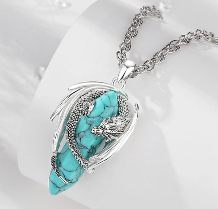 Dragon necklace Crystal turquoise Pendant Dragon the Desolation of Smaug inspired Stainless Chain. Gift Box Available. Mens Dragon Necklace.