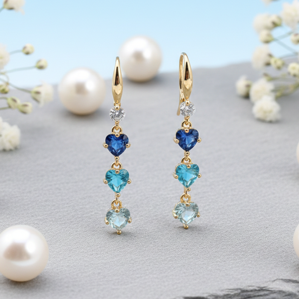 Orecchini pendenti con tre cuori in diamanti sintetici zircpne AAA+ nelle tonalità dell'azzurro ispirati all'anime Sailor Moon