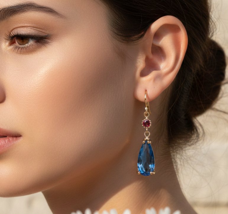 Orecchini pendenti a goccia blu in cristallo con zircone rosso ispirati all'anime Howl Moving Castle dello studio Ghibli.