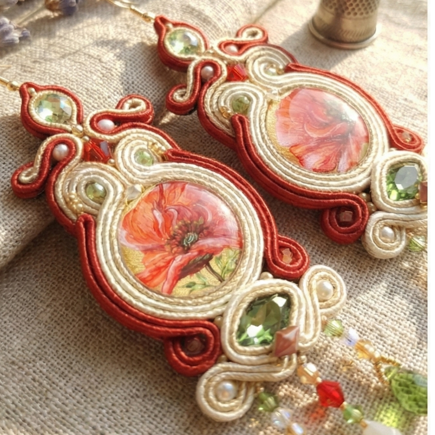 Orecchini a soutache rossi grandi e leggeri. I cabochon  centrali  sono dipinti a mano su madreperla e foglia oro. Capolavori dell'artigianato italiano unici come te.