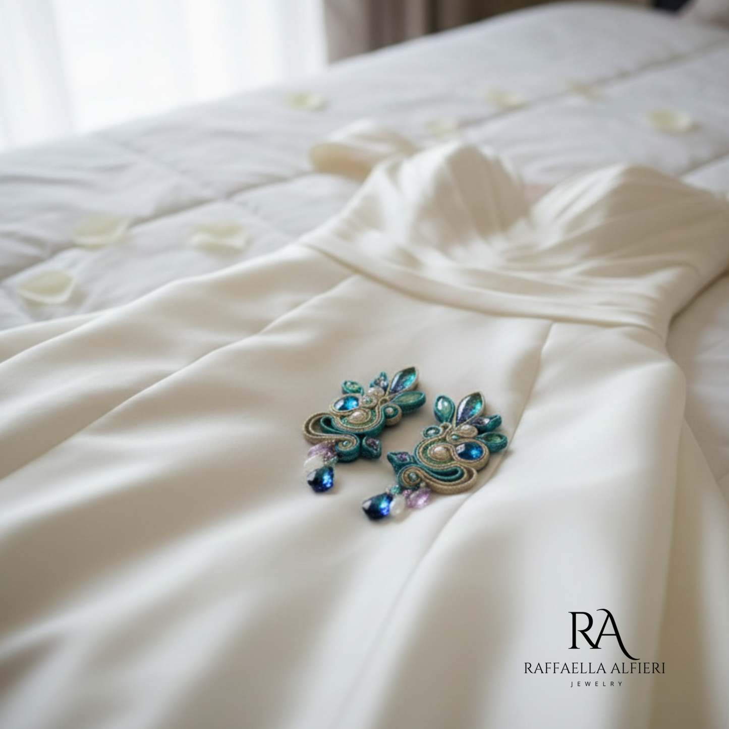 Orecchini grandi e leggeri da cerimonia e da sposa realizzati a soutache con cristalli austriaci di alta qualità e cabochon fatti a mano nei toni del blu, verde e lilla. Gioielli artigianali italiani di alta qualità. Gioielli unii per il tuo diorno speciale ed unico : proprio come te.