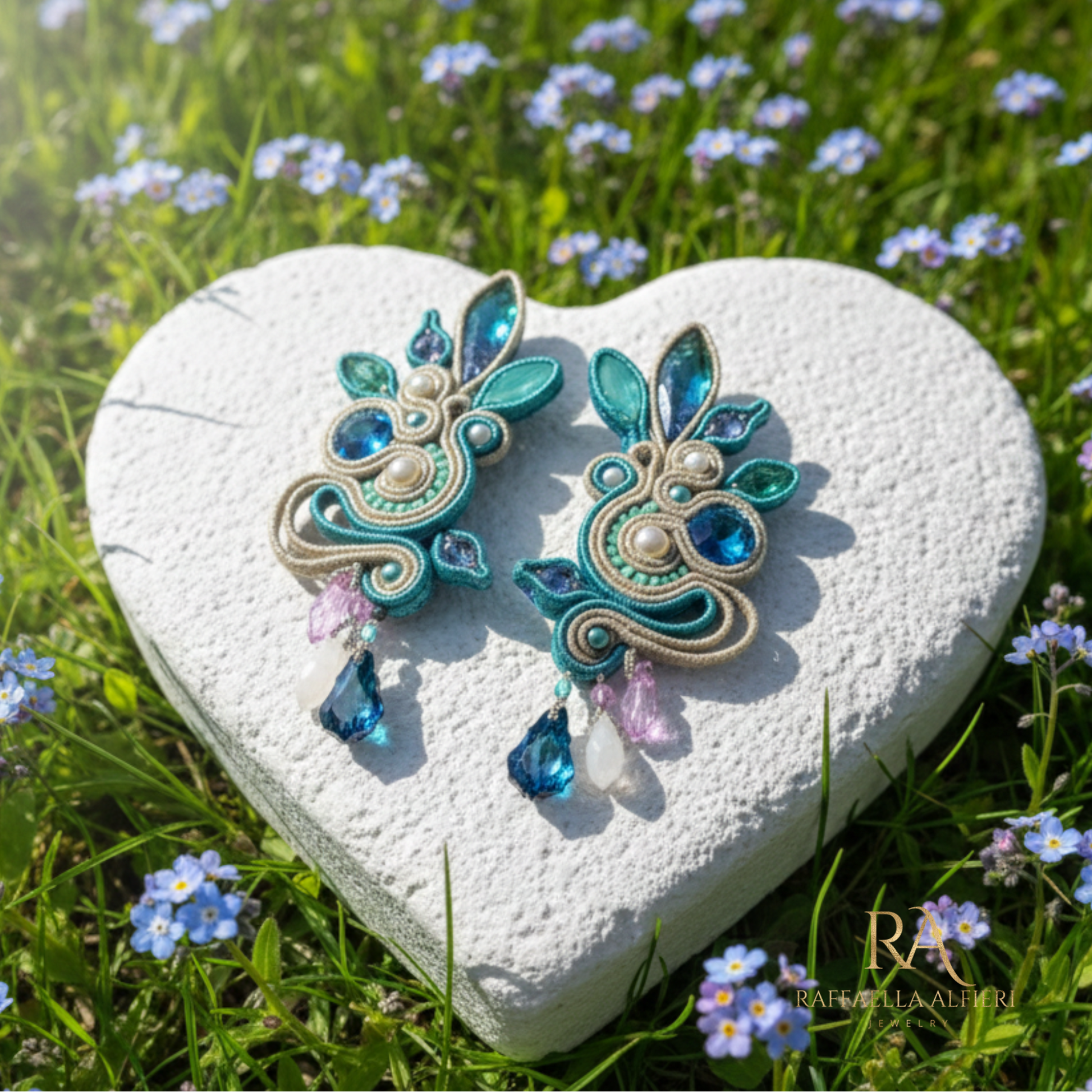 Orecchini grandi e leggeri da cerimonia e da sposa realizzati a soutache con cristalli austriaci di alta qualità e cabochon fatti a mano nei toni del blu, verde e lilla. Gioielli artigianali italiani di alta qualità. Gioielli unii per il tuo diorno speciale ed unico : proprio come te.