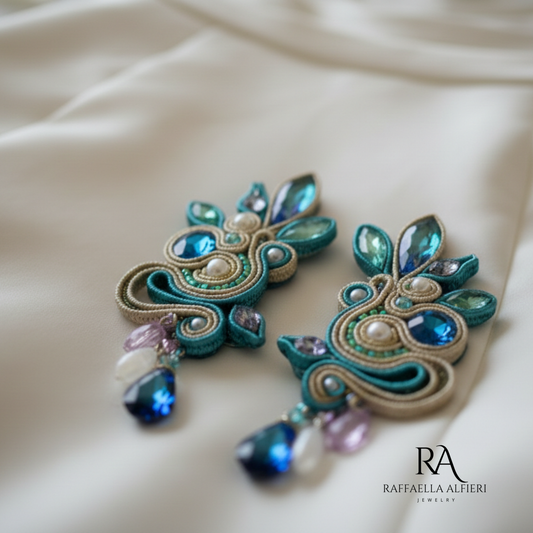 Orecchini grandi e leggeri da cerimonia e da sposa realizzati a soutache con cristalli austriaci di alta qualità e cabochon fatti a mano nei toni del blu, verde e lilla. Gioielli artigianali italiani di alta qualità. Gioielli unii per il tuo diorno speciale ed unico : proprio come te.